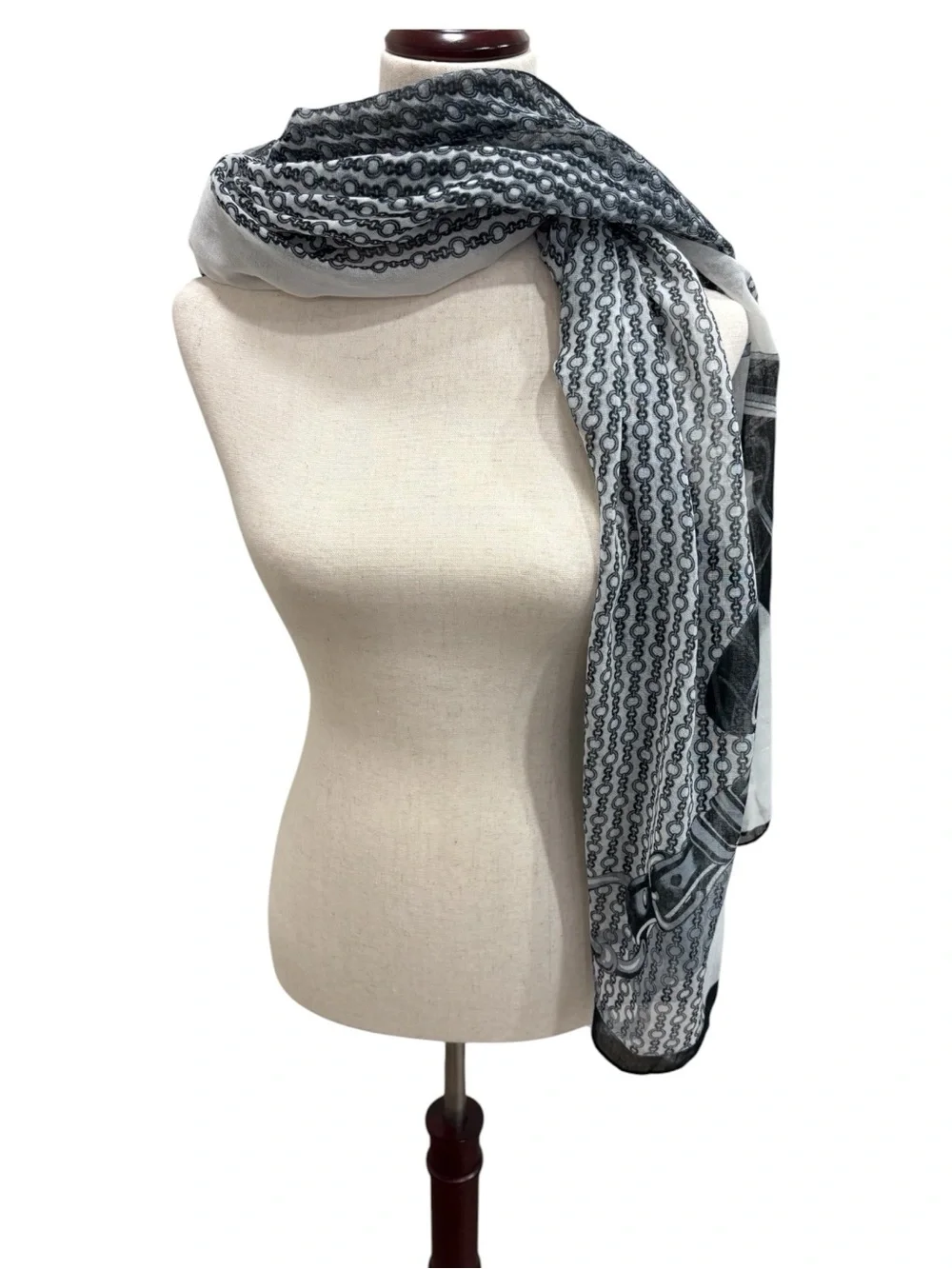 Huge 62”x70” Black & White Equestrian Motif Print Scarf - Women's Accessory